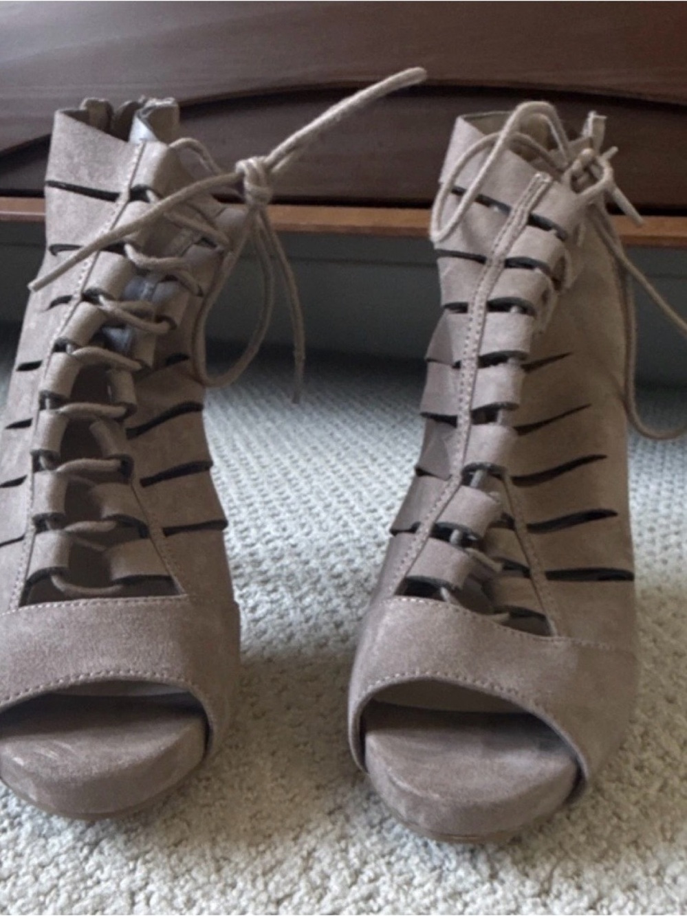 Fergalicious Lace-Up Peep Toe Heeled Sandals in Taupe